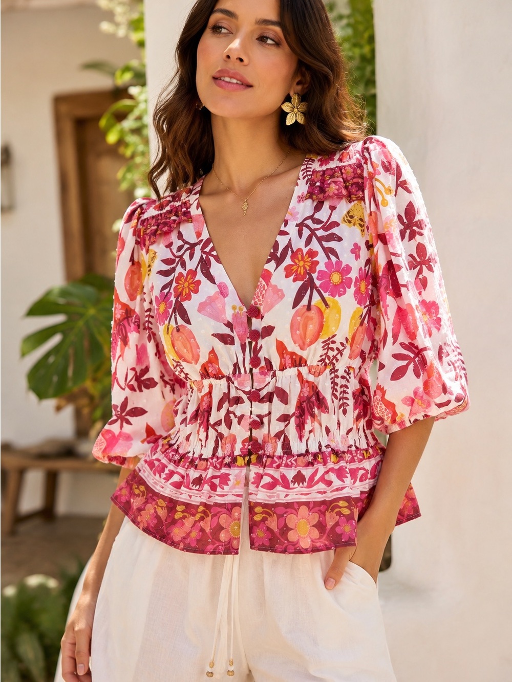 FARM Rio Romantic Orchard Floral Cropped Blouse Pink Medium